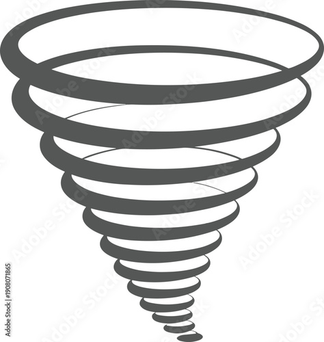 Abstract spiral tornado vortex illustration representing hurricane funnel, cyclone motion, dynamic airflow, minimalist vector design on white background for modern concept