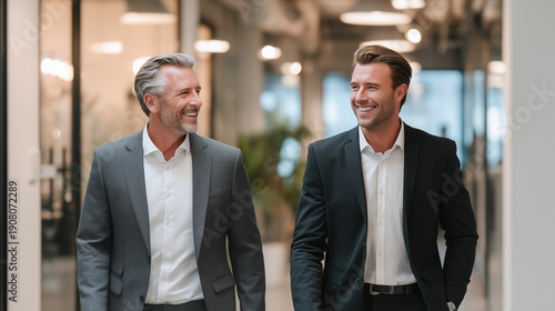 A photo of the chairman and president walking together down the hallway of the company office.