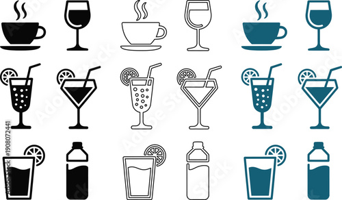Collection of beverage in various styles and colors for drinks and refreshments