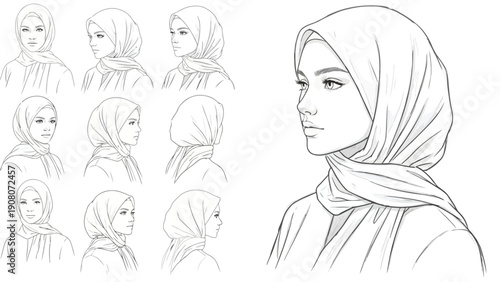 Elegant sketches of a woman wearing traditional headscarves and geometric patterns