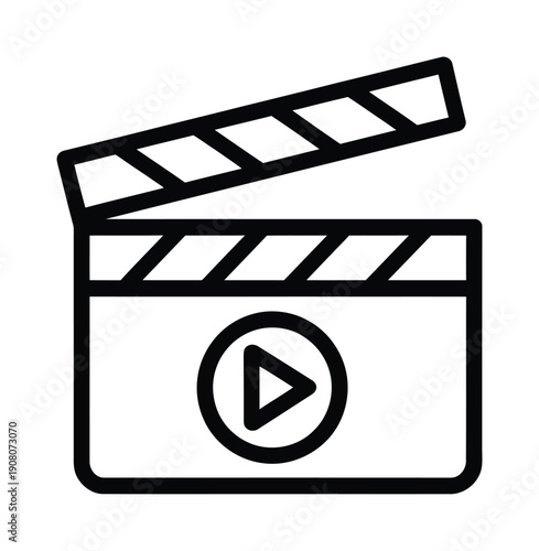 Vector graphic of a movie clapper board with a play button on a white background