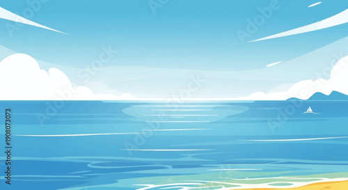 cartoon ocean landscape with clear horizon soft blue tones simple shapes calm water clean composition wide view stock illustration