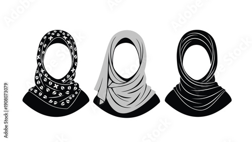 Three stylish headpieces showcasing intricate black and white patterns and designs.