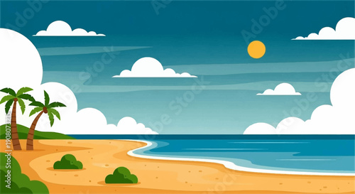 cartoon beach landscape with sand and calm sea soft blue colors simple shapes peaceful mood clean background wide view stock illustration