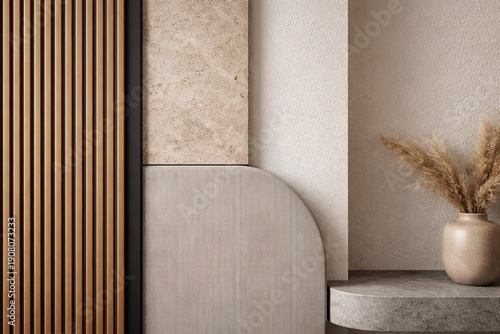 Close-up of textured wall materials in modern apartment, tactile design detail