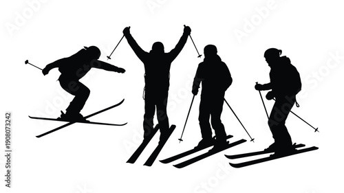 Vector illustration of four skiers in various poses on a white background silhouette
