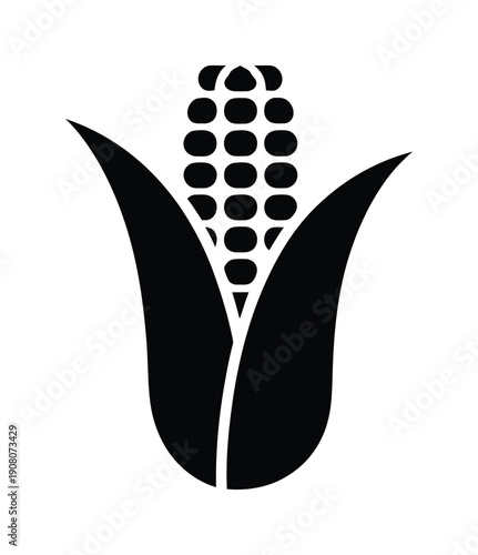 Vector graphic image of an ear of corn with two large leaves surrounding it