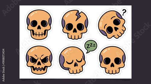 Cute Cartoon Skull Sticker Pack. Collection of Six Emoji Expressions: Angry, Sleeping, Cracked, Confused, and Neutral Skulls. Halloween Doodle Set.