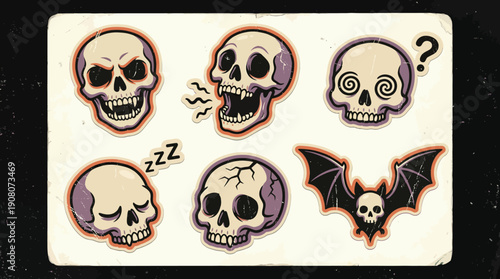 Retro Halloween Skull Sticker Pack. Set of Six Spooky Cartoon Skulls with Expressions, Bat, and Vintage Grungy Texture.