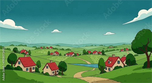 cartoon village landscape with small houses green fields soft colors simple shapes calm rural mood clean composition wide view