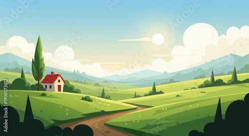 cartoon countryside landscape with small house green nature soft sunlight simple shapes calm atmosphere clean background wide view