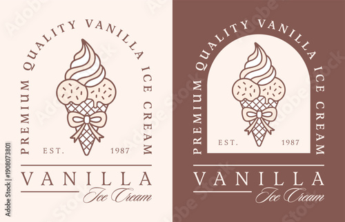 Vanilla ice cream bourbon natural flavor premium quality label logo sticker luxury packaging design illustration. Coquette beige brown aesthetic scoops in cone with bow sprinkles drawing poster print.