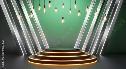 Empty Modern Stage with Illuminated Podium and Hanging Lights for Product Display
