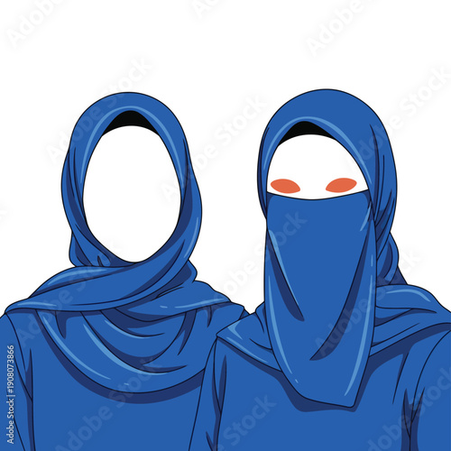 Two figures wearing traditional blue niqab and headscarf attire standing side by side