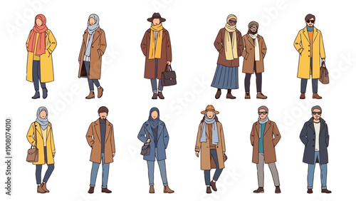 Diverse group of stylishly dressed pedestrians walking outdoors on a sunny day