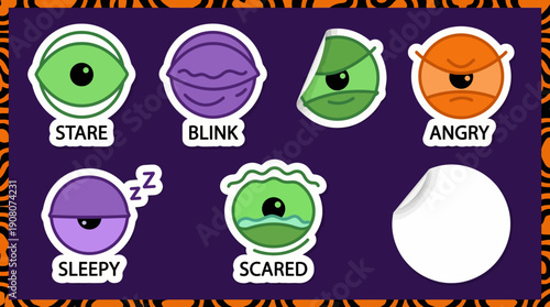 Cute Cartoon Monster Eye Emotion Sticker Pack Vector Collection. Halloween Angry, Sleepy, Scared, Stare, and Blink Avatar Icons Set.