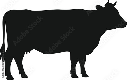 Cow silhouette illustration in black and white, minimalist livestock vector design for agriculture, dairy farming, rural branding, meat production, and countryside graphic concepts