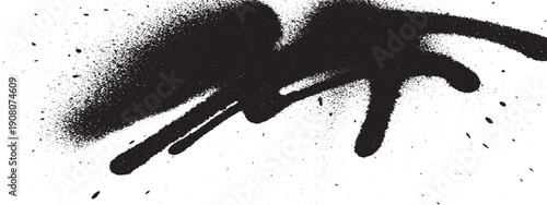 Black spray paint splatter abstract art on white background.