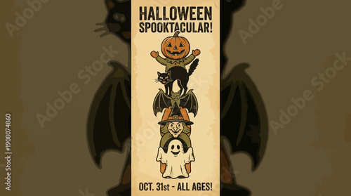 Vintage Halloween Spooktacular Poster with Character Totem Pole: Jack-O'-Lantern, Black Cat, Bat, Witch, Ghost. Retro Tattoo Art Style.
