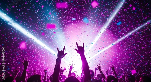 Energetic crowd raising hands at a vibrant music concert with dazzling stage lights and confetti