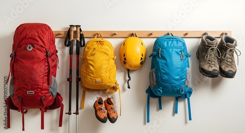 Colorful Outdoor Adventure Gear Collection Organized on a Wall Rack