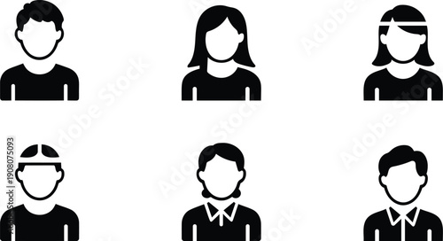 Diverse collection of simplified black silhouette icons representing various individuals and professions on a clean white background