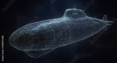 futuristic submarine blueprint with glowing wireframe on dark blue background, naval technology concept.