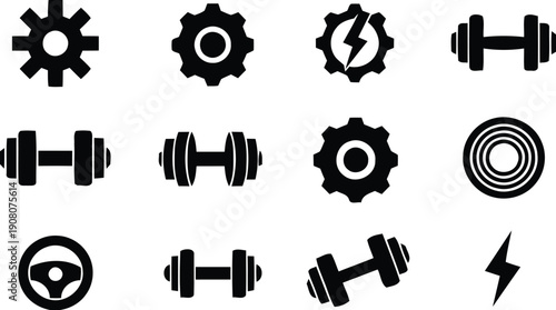 Collection of bold black silhouette icons representing strength fitness mechanics machinery power and automotive concepts isolated on a white background