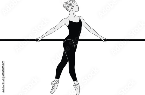 Elegant black and white ballet illustration featuring a professional ballerina practicing pointe technique at barre in dance studio for classical training, performance, and artistic design projects