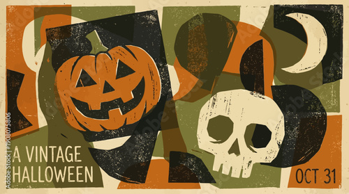 Retro Vintage Halloween Poster Art. Block Print Jack-o'-Lantern and Skull Illustration for October 31st Event.