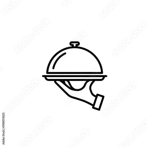 A minimalist black and white vector image featuring a hand holding a covered serving tray or cloche, symbolizing hospitality, professional service, and catering logistics