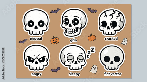 Cute Cartoon Skull Sticker Pack. Halloween Emoji Expressions Set (Grin, Angry, Sleepy). Retro grunge spooky vector illustration collection.