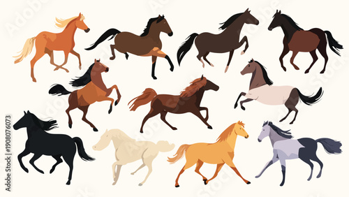 A set of horses in various colors and hairstyles running in a minimalist style against a clean white background.