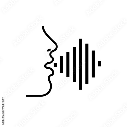 A minimalist black and white vector image featuring a human profile in the act of speaking with a vertical bar sound wave, symbolizing voice recognition, audio processing speech-to-text technology