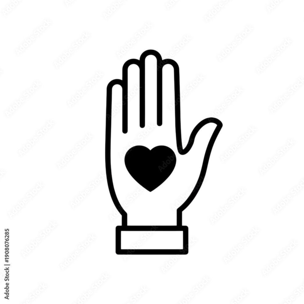 Obraz premium A minimalist black and white vector image featuring an open human palm with a solid heart in the center, symbolizing philanthropy, a helping hand, and compassionate social support