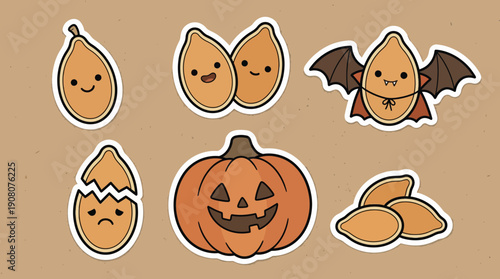 Kawaii Halloween Pumpkin Seed and Jack-o'-Lantern Sticker Pack. Cute Pepita Characters, Vampire Bat Seed, and Fall Holiday Graphics on Kraft Paper.