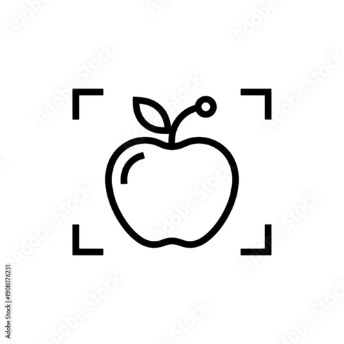 A minimalist black and white vector image featuring a stylized apple enclosed within a digital scanner frame, symbolizing food technology, nutritional analysis, and digital health monitoring