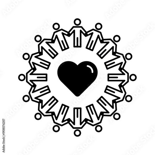 A minimalist black and white vector image featuring a circle of stylized human figures holding hands around  central solid heart, symbolizing global unity, community support & collective social impact