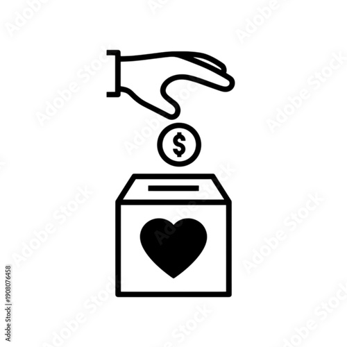 A minimalist black and white vector image featuring a hand dropping a dollar coin into a donation box marked with a heart, symbolizing philanthropy, charitable giving, and financial social support