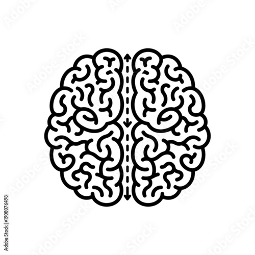 Minimalist black & white vector image featuring human brain from top-down view with central vertical dashed line & arrows, symbolizing cognitive processing, brain mapping & psychological analysis