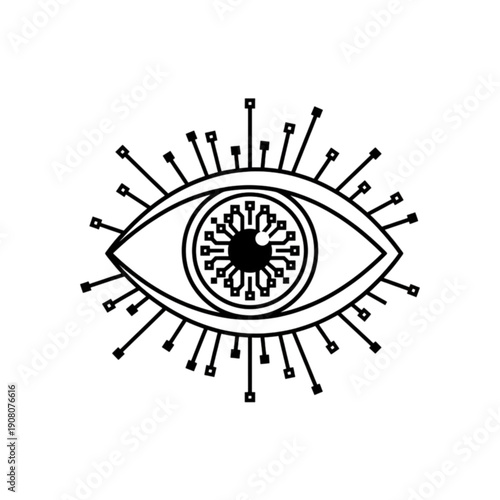 A minimalist black and white vector image of a cybernetic eye with a circuit-patterned iris & radiating electronic sensors, symbolizing AI vision, biometric surveillance & advanced digital recognition