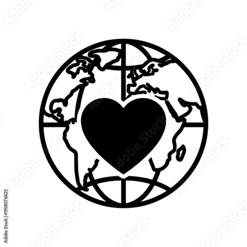 A minimalist black and white vector image featuring  globe showing world continents with a large black heart at the center, symbolizing global humanitarianism, universal compassion & charitable effort