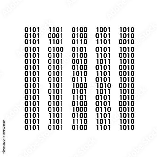A minimalist black and white vector image featuring structured columns of binary code (zeros and ones), representing data processing, computer programming, and digital information systems