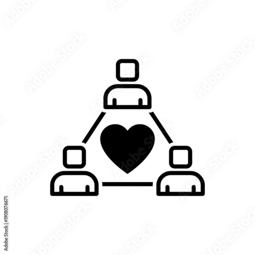 A minimalist black and white vector image featuring three person icons connected in a triangle around a central heart, symbolizing collaborative care, team unity, and community support systems