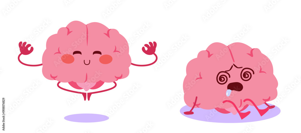 Obraz premium Cartoon vector illustration showing two brain characters: one calm and meditating, the other overwhelmed and stressed. Concept for mental health contrast, balance and emotional wellbeing