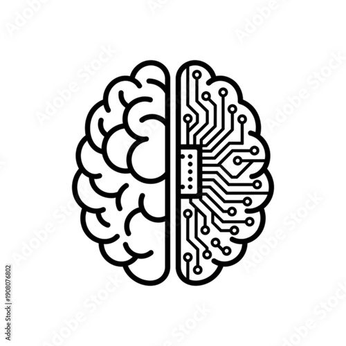 Black & white vector image featuring  human brain where the left side is biological & right side is integrated with circuit board patterns, symbolizing fusion of human & machine intelligence