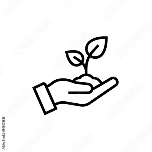 A minimalist black and white vector image featuring a human hand holding a small sprouting plant with two leaves, symbolizing environmental care, sustainable growth, and ecological protection