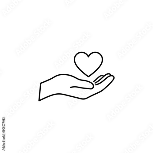 A minimalist black and white vector image of an open human hand gently holding a heart, symbolizing care, selfless giving, and compassionate community support