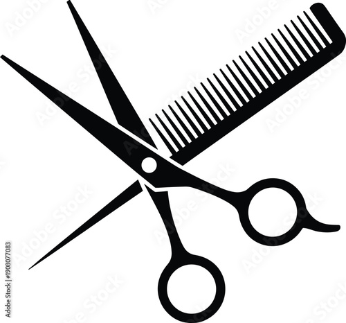 Hairdressing scissors and comb silhouette icon in black and white, minimalist vector illustration for barber shop, beauty salon branding, haircut services, and professional hairstyling concepts