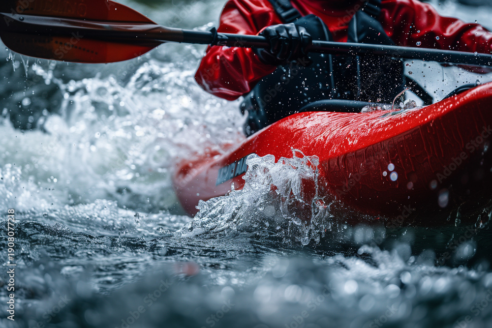 Fototapeta premium Extreme whitewater kayaking action with splashing water in a mountain river rapids